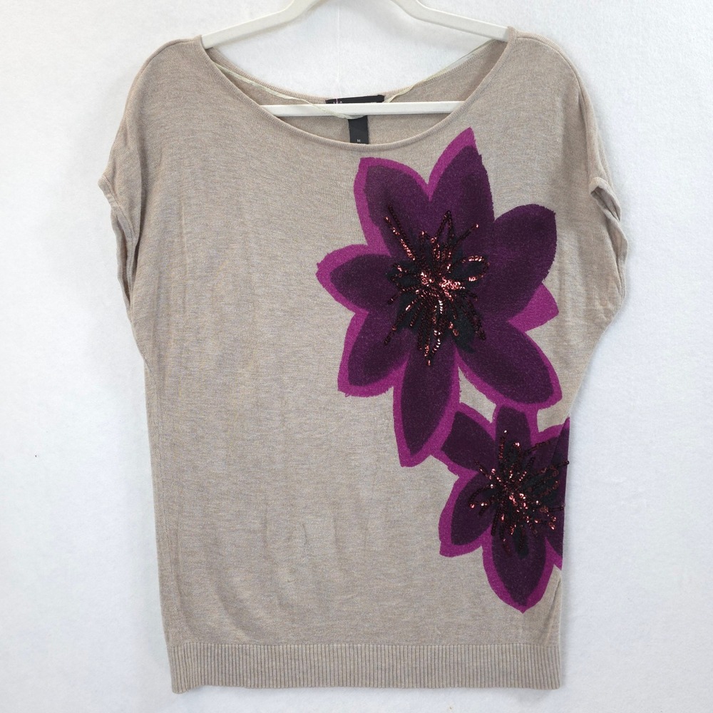 INC Sweater Floral Sequin Tan Purple Women M Boho Chic Lightweight